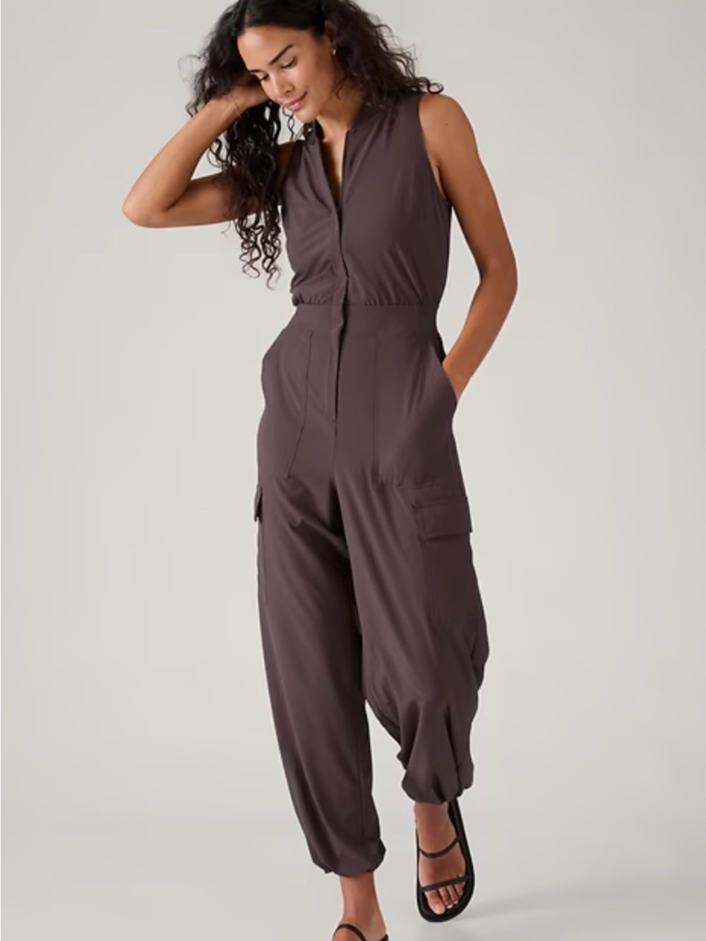 Sleeveless Cargo Jumpsuit in Deep Brown